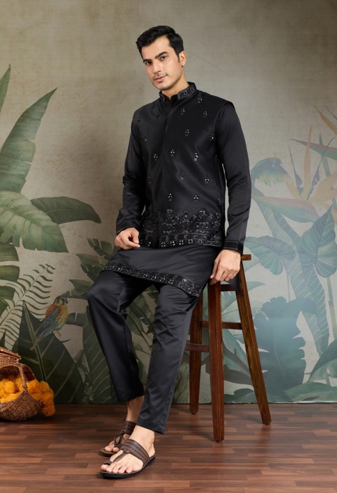 Elegant Black Embellished Kurta Set for Men